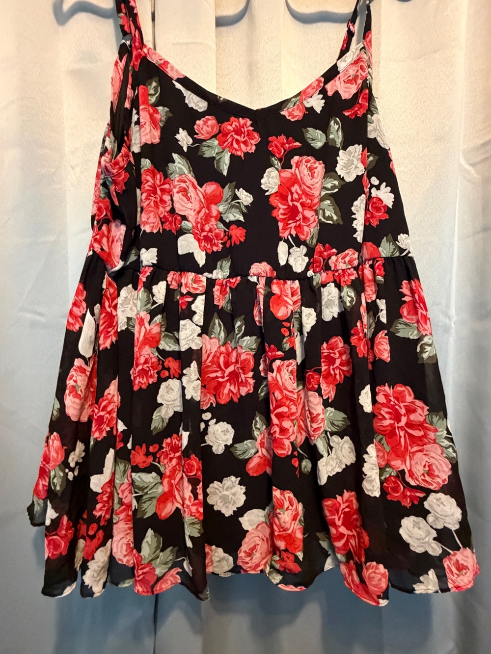 Floral Tiered Black and Red Summer Peplum Tank with Adjustable Straps